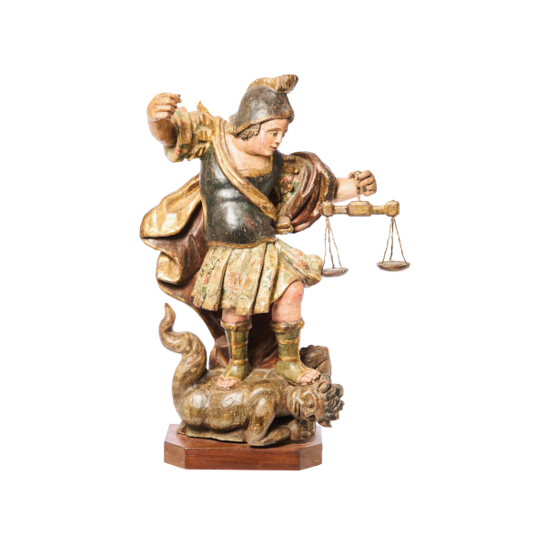 Escuela hispano-flamenca, s.XVII. San Miguel. Escultura en madera tallada, policromada y parcialmente dorada sobre peana en madera.