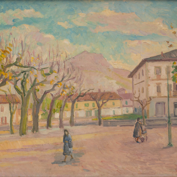 "Plaza Urdanibia"   GASPAR MONTES ITURIOZ (Irún, 1901-1998)  Óleo/Táblex
