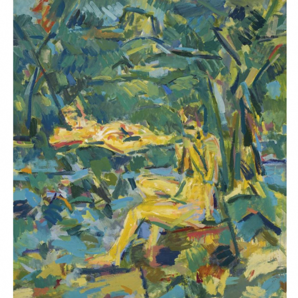 Miguel Ángel Campano.    "El pintor y la modelo (1983)". Óleo sobre lienzo. Firmado en el ángulo inferior izquierdo.