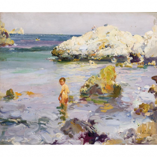 Jos&eacute; Navarro Llorens (1867 - 1923).  "Ni&ntilde;o en la playa". &Oacute;leo sobre lienzo. Firmado en el &aacute;ngulo inferior derecho.