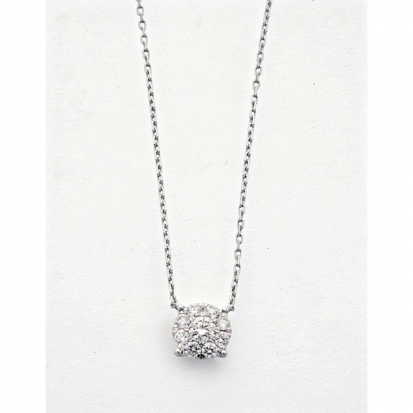 Gargantilla en oro blanco con diamante talla brillante central y orla de diamantes talla brillante en forma de flor  