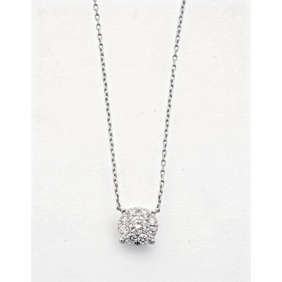 Gargantilla en oro blanco con diamante talla brillante central y orla de diamantes talla brillante en forma de flor  