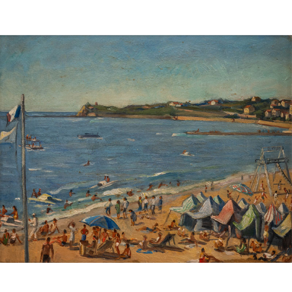 "Playa de San Juan de Luz" GASPAR MONTES ITURRIOZ &Oacute;leo/Cart&oacute;n, h. 1940