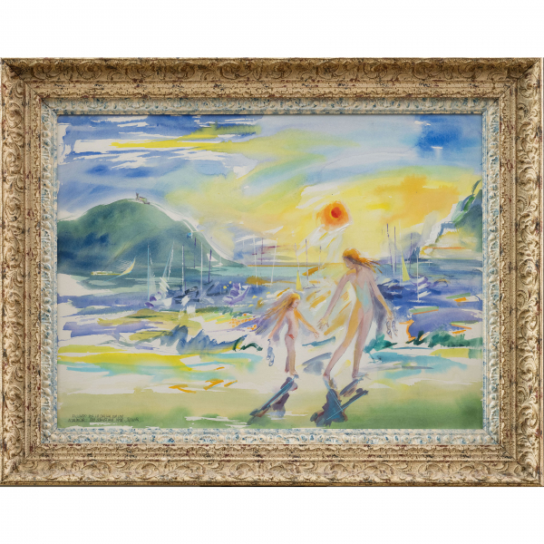 &quot;Paseando en la orilla de la playa de San Sebastián&quot;.  RAFAEL MUNOA (San Sebastián, 1930 -2012).   Técnica: Acuarela/papel