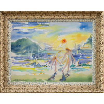 &quot;Paseando en la orilla de la playa de San Sebastián&quot;.  RAFAEL MUNOA (San Sebastián, 1930 -2012).   Técnica: Acuarela/papel