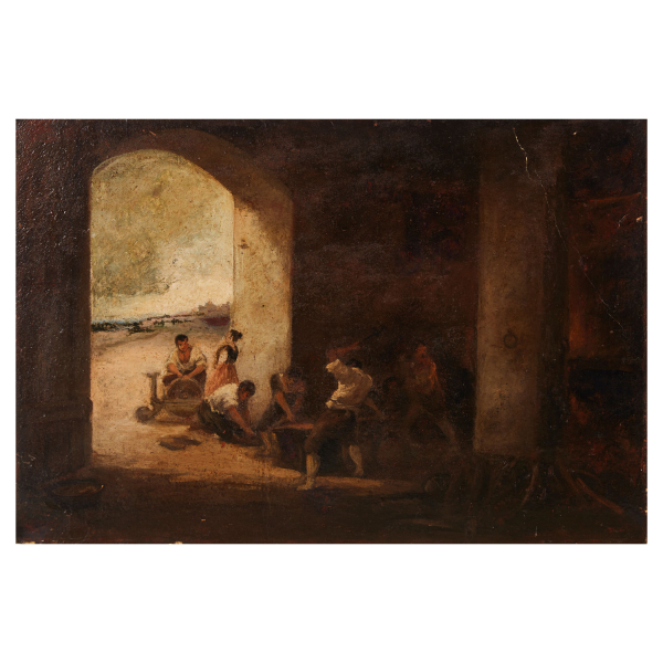 Eugenio Lucas Padilla (Alcal&aacute; de Henares, Madrid, 1824-Madrid, 1870) La fragua. &Oacute;leo sobre cart&oacute;n.