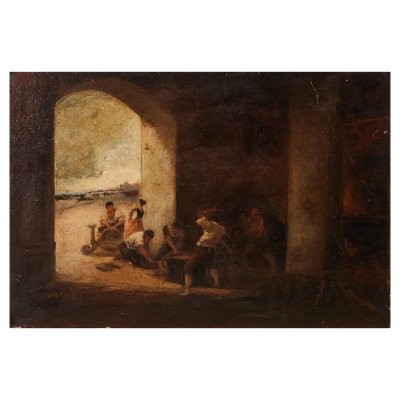 Eugenio Lucas Padilla (Alcal&aacute; de Henares, Madrid, 1824-Madrid, 1870) La fragua. &Oacute;leo sobre cart&oacute;n.