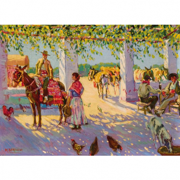Mariano Bertuchi.  "Parada en la venta". Óleo sobre lienzo. Firmado 