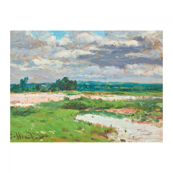 Eliseo Meifr&eacute;n i Roig (Barcelona, 1859-1940) Paisaje fluvial. &Oacute;leo sobre tabla. Firmado.