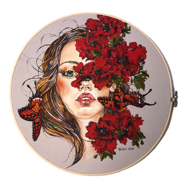 SOLO YOY. &quot;Renacer&quot;. Colección Nubla mis ojos y llénalos de flores, 2025.  Arte textil pintado a mano sobre lino, en bastidor.