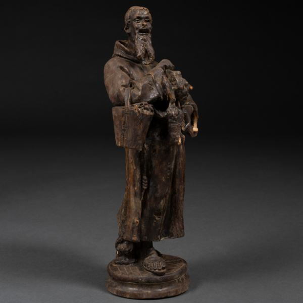 &quot;Vendedor de frutas&quot; Figura en madera tallada y pintada. Siglo XIX