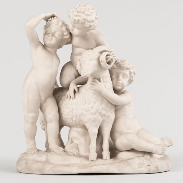 "Niños con Carnero" Grupo escultórico realizado en biscuit. Trabajo Francés, Siglo XIX