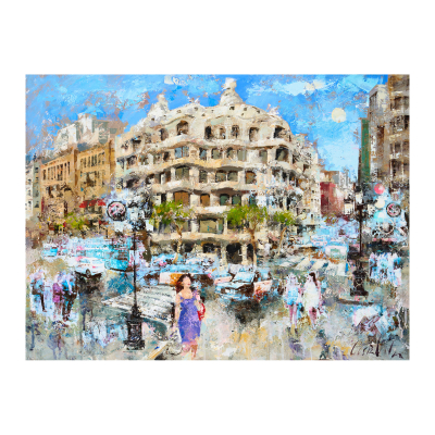 Josep Costa Vila (Granollers, Barcelona, 1953)  Vistas a la Pedrera.  Técnica mixta y collage sobre tela. Firmado. 
