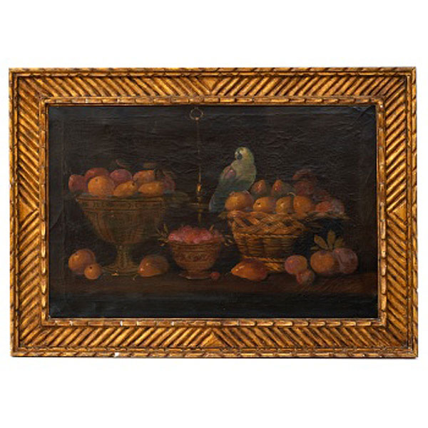 ESCUELA ESPAÑOLA  (S. XIX) "Bodegón de frutas y loro"