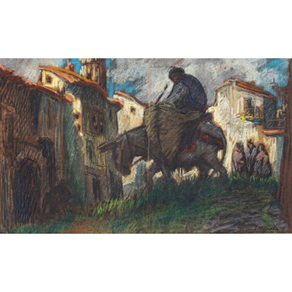 MANUEL LOSADA  (Bilbao 1865 - 1949) &quot;Pueblo rural con mujeres en campesino a lomos del burro &quot;