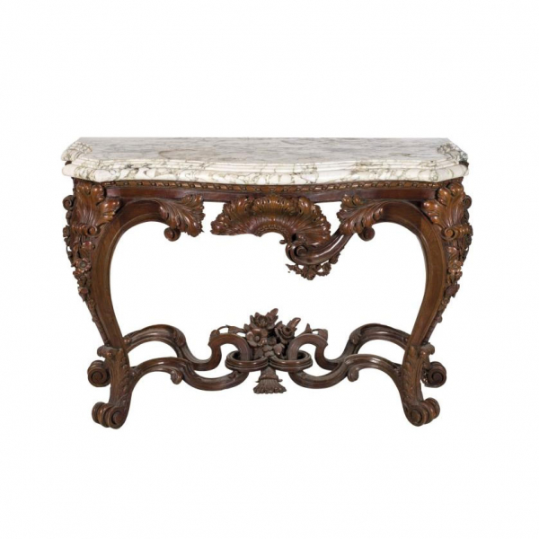 Elegante consola alfonsina en madera de nogal tallada y torneada con importante tapa de mármol S. XIX.