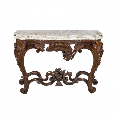 Elegante consola alfonsina en madera de nogal tallada y torneada con importante tapa de mármol S. XIX.