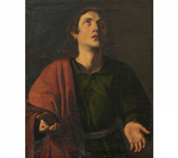 ATRIBUIDO A JERÓNIMO JACINTO ESPINOSA (Cocentaina, Alicante, 1600- Valencia, 1667)  San Juan el Evangelista con el águila  H. 1640- 60      Óleo sobre lienzo.