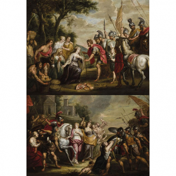Escuela Flamenca S. XVII.    "Abigail aplacando al Rey David y Sabinas aplacando a los sabinos". Dos óleos sobre cobre.