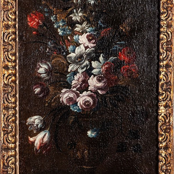 Anónimo español S.XVII &quot;Florero con rosas, tulipanes y claveles sobre una repisa&quot;