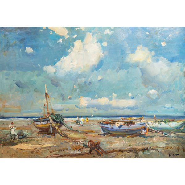 Josep Serrasanta (Buenos Aires, Argentina, 1916-Valldoreix, Barcelona, 1998)  Marina.  Óleo sobre tela. Firmado.