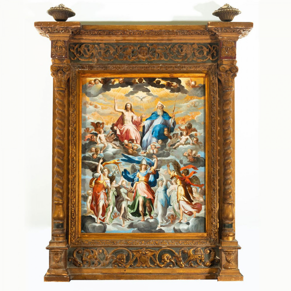 "Arc&aacute;ngel San Miguel Rodeado de &Aacute;ngeles frente a Dios Padre, Jesucristo y el Esp&iacute;ritu Santo", a la manera de Bernardo Bitti, Escuela posiblemente Colonial Peruana, siglo XVII. 