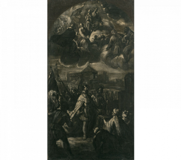 ACISCLO ANTONIO PALOMINO Y VELASCO (Bujalance, C&oacute;rdoba, 1655-Madrid, 1726).  La Rendici&oacute;n de C&oacute;rdoba ante Fernando III y La Aparici&oacute;n de San Rafael al venerable Roelas.  Dos bocetos en grisalla para la capilla de Santa Teresa de la Catedral de C&oacute;rdoba, tambi&eacute;n conocida como capilla del Cardenal Salazar H. 1712- 1713. 