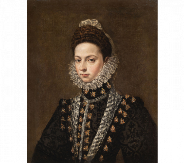 ESCUELA ESPA&Ntilde;OLA, H. 1585.  Retrato de la infanta Catalina Micaela (Madrid, 1567- Tur&iacute;n, 1597).   &Oacute;leo sobre lienzo.