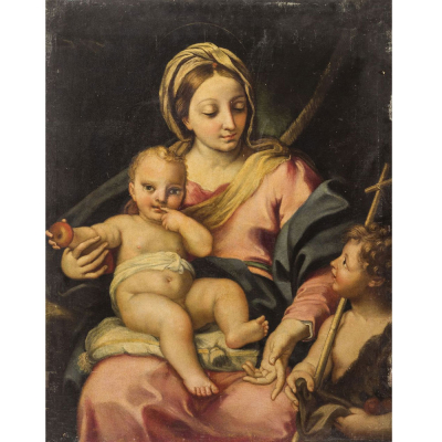 Atribuido a Carlo Maratti (1625-1713) - Virgen con el Niño y San Juanito, Escuela italiana del siglo XVII.    Óleo sobre lienzo.