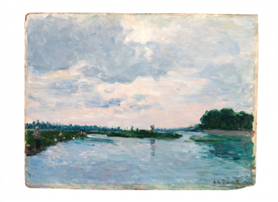 AURELIANO DE BERUETE (Madrid, 1845-1912)  Paisaje de Vichy, río Allier   Óleo sobre cartón. 