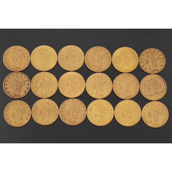 Conjunto de 18 monedas de 20 dolares de los Estados Unidos en oro amarillo de 22 kt
