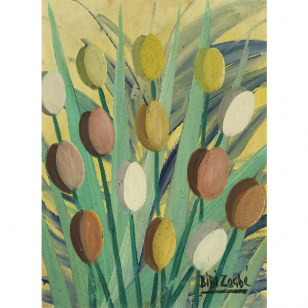 Bibi Zogbe.   &quot;Tulipanes&quot;. Óleo sobre tablex. Firmado en el ángulo inferior derecho.