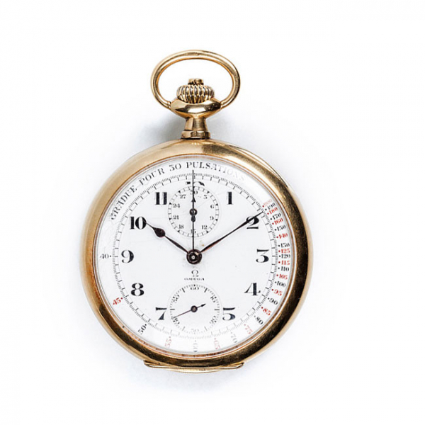 Reloj cronógrafo médico suizo, tipo lepine, OMEGA, en sólida caja de oro amarillo 18 K 