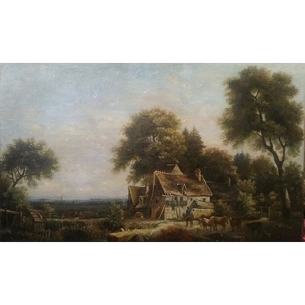 Escuela holandesa S.XIX   "Paisaje de aldea con personajes y animales" 