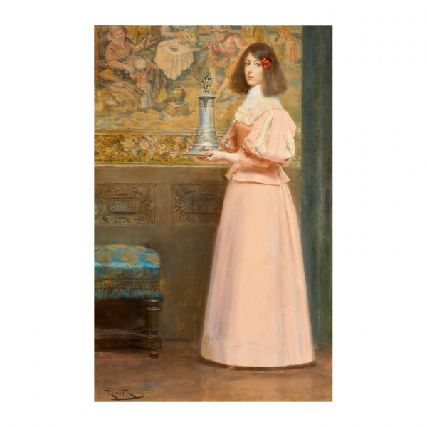 Román Ribera Cirera (Barcelona, 1849-1935) Dama de rosa con jarra de pico. Óleo sobre tela. Firmado.