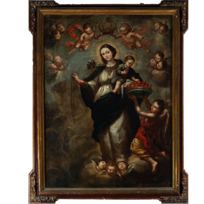 Excepcional Virgen del Rosario, a la manera de Juan de Espinal, escuela sevillana del siglo XVIII.