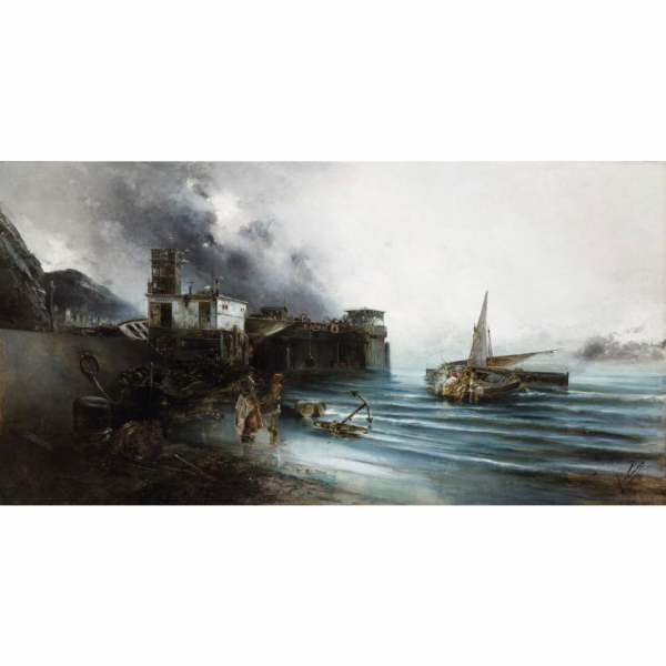 José Navarro Llorens. "Pescadores junto al puerto (1892)".  