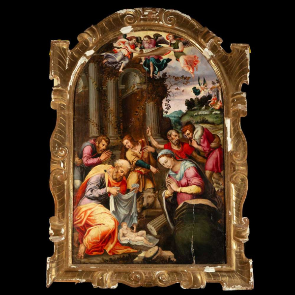 Monumental y exquisita Adoración de Pastores - Escuela ítalo flamenca del siglo XVI.