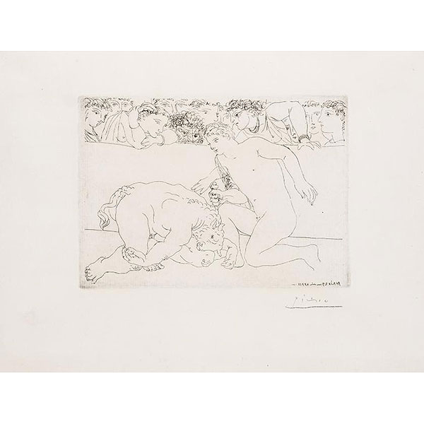 Pablo Ruiz Picasso.   "Minotauro vencido - Suite Vollard (1933)". Aguafuerte y punta seca. Firmado 