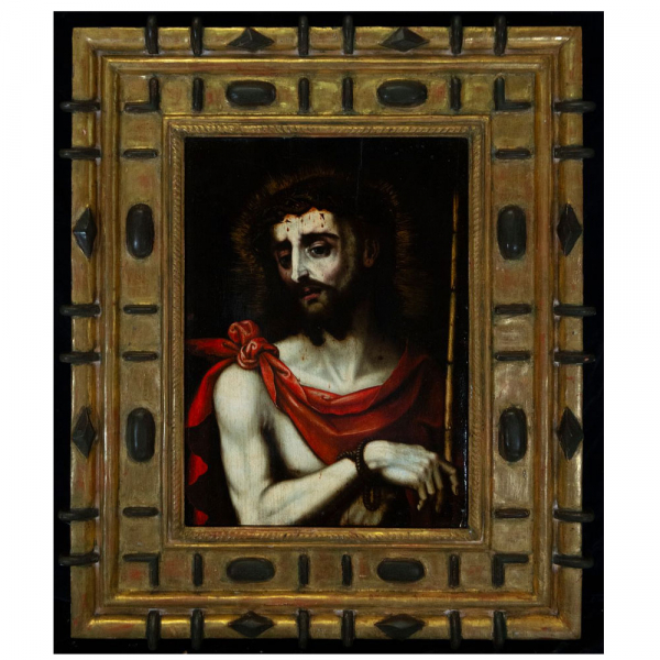 LUIS DE MORALES &quot;EL DIVINO&quot; (Badajoz h. 1510 - 1586) - Ecce Homo.    Óleo sobre tabla.