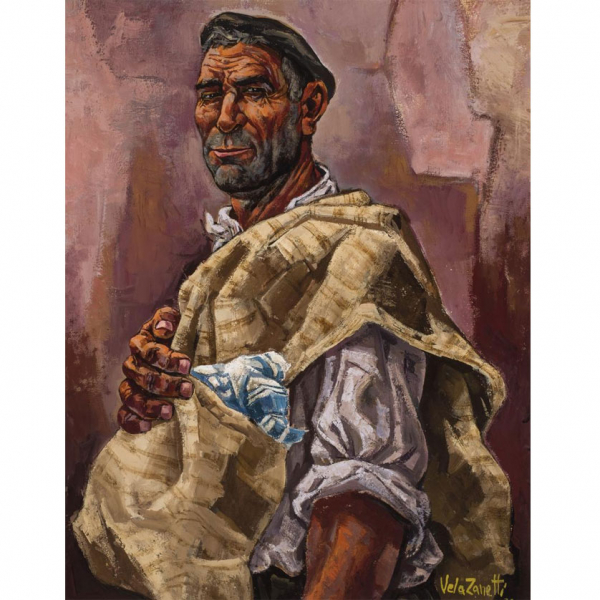 Jos&eacute; Vela Zanetti. "Campesino con alforja (1976)". &Oacute;leo sobre lienzo. Firmado y fechado (76) en el &aacute;ngulo inferior derecho.