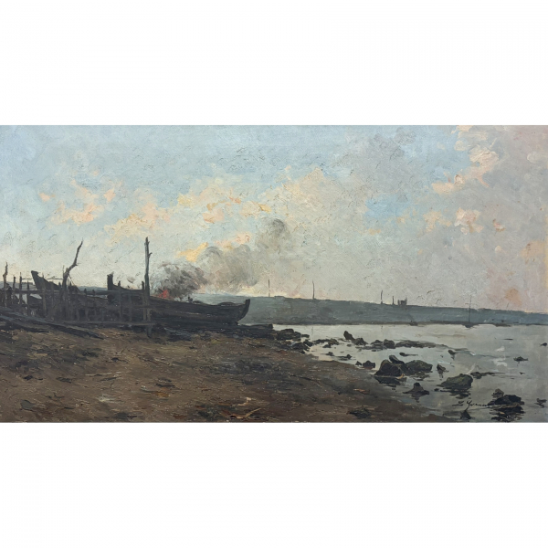 Llu&iacute;s Graner Arruf&iacute; (Barcelona, 1863-1929)  Hoguera en la playa.  &Oacute;leo sobre tela. Firmado. 