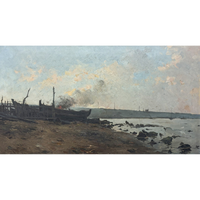 Llu&iacute;s Graner Arruf&iacute; (Barcelona, 1863-1929)  Hoguera en la playa.  &Oacute;leo sobre tela. Firmado. 