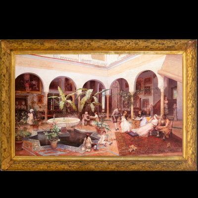 Jiménez Aranda (Sevilla, 7 de febrero de 1837-Sevilla, 6 de mayo de 1903) , firmado, Interior de patio con personajes, escuela sevillana, siglo XIX.
