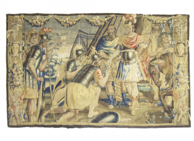 Tapiz barroco en lana, de la serie de Marco Antonio y Cleopatra.  Trabajo flamenco, S. XVII. 