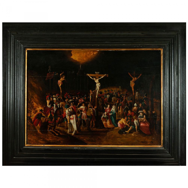 "El Monte Calvario" del círculo de Frans Fracken II (Amberes, 1581 - 1642).  Óleo sobre tabla de roble engatillada