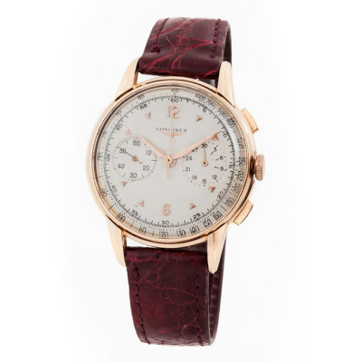 Reloj cron&oacute;grafo vintage, cab., suizo LONGINES, en caja original de oro amarillo 18 K, n&ordm; 142 5966 7 