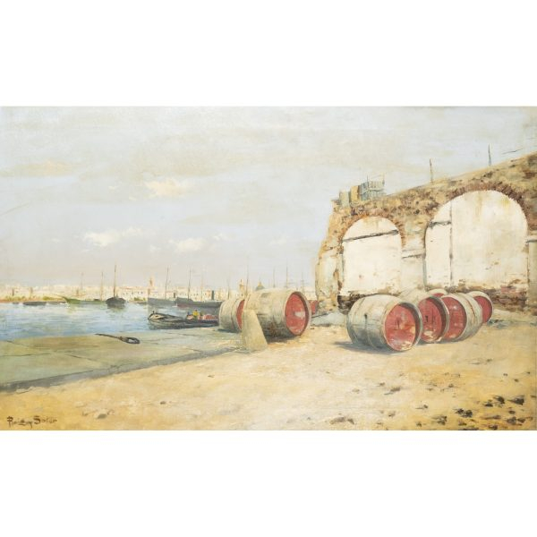 Joan Roig Soler (Barcelona, 1852-1909)  Puerto con barriles.  &Oacute;leo sobre tela. Firmado. 