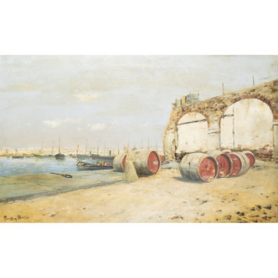 Joan Roig Soler (Barcelona, 1852-1909)  Puerto con barriles.  &Oacute;leo sobre tela. Firmado. 