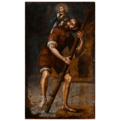 Atribuido a Diego Quispe Tito (Cuzco, Peru, 1611 - 1681) - "San Crist&oacute;bal y el Ni&ntilde;o Jes&uacute;s".    &Oacute;leo sobre lienzo